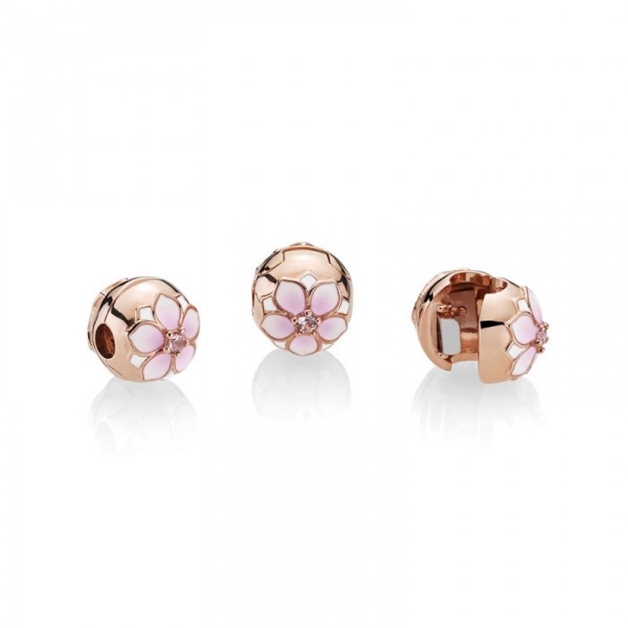 Pandora Charm Magnolia Bloom Clip Rose Blush Pink Crystal Mixed Enamel
