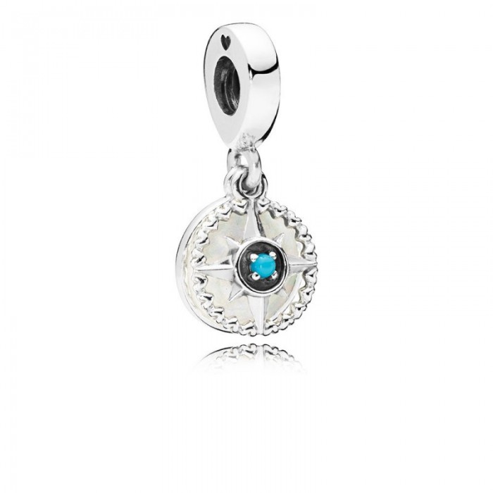 Pandora Charm Compass Rose Dangle Silver Enamel Cyan Blue Crystal