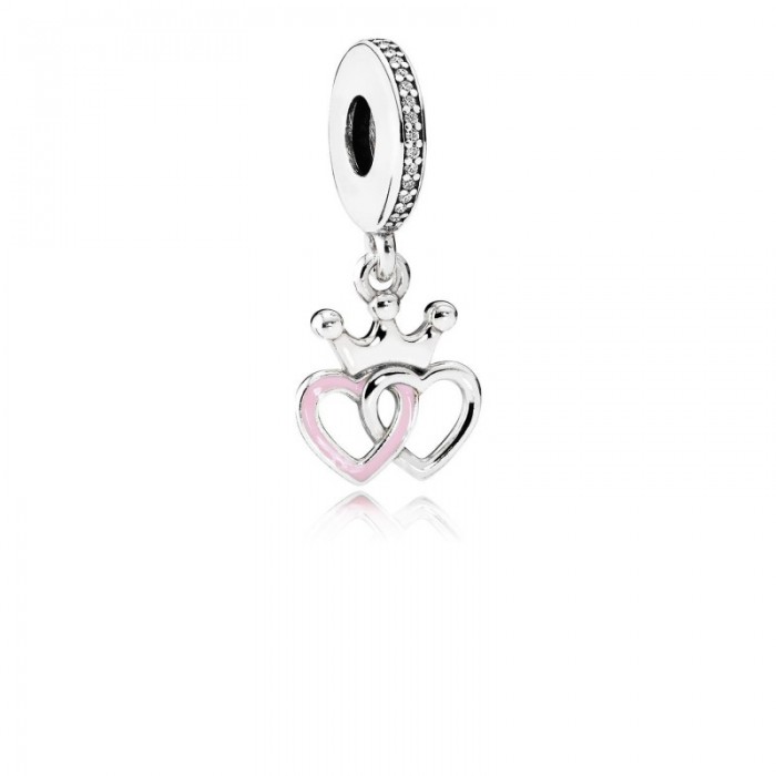 Pandora Charm Crowned Hearts Dangle Orchid Pink Enamel Clear CZ