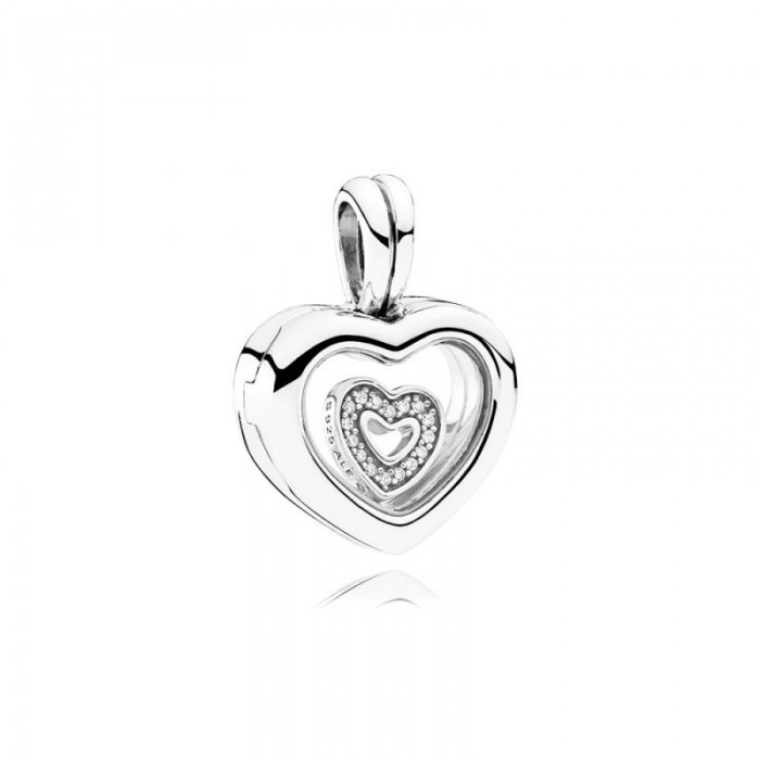 Pandora Charm Floating Heart Locket Sapphire Crystal Glass Clear CZ